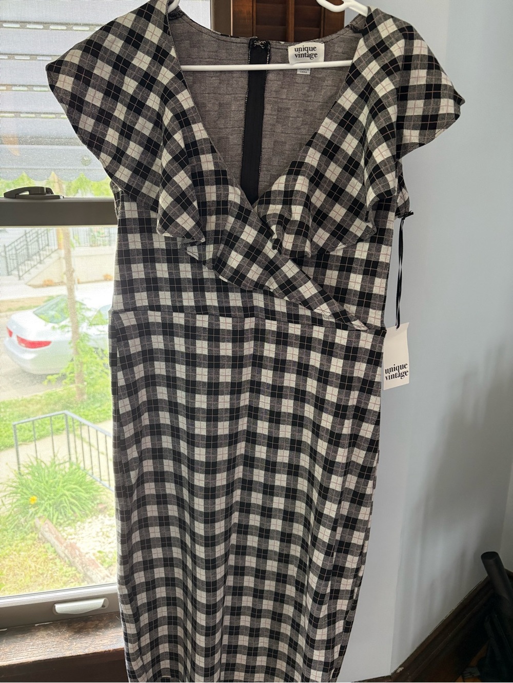 Unique Vintage Black and White Check Midi Dress